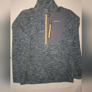 Eddie Bauer Heathered Gray Pullover with Yellow Accent Zipper Pocket Mens Sz Sm